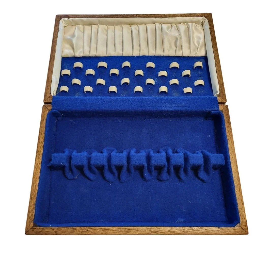 Vintage EMPTY Silverware Chest Wooden Case Blue Velvet Cream Satin Interior